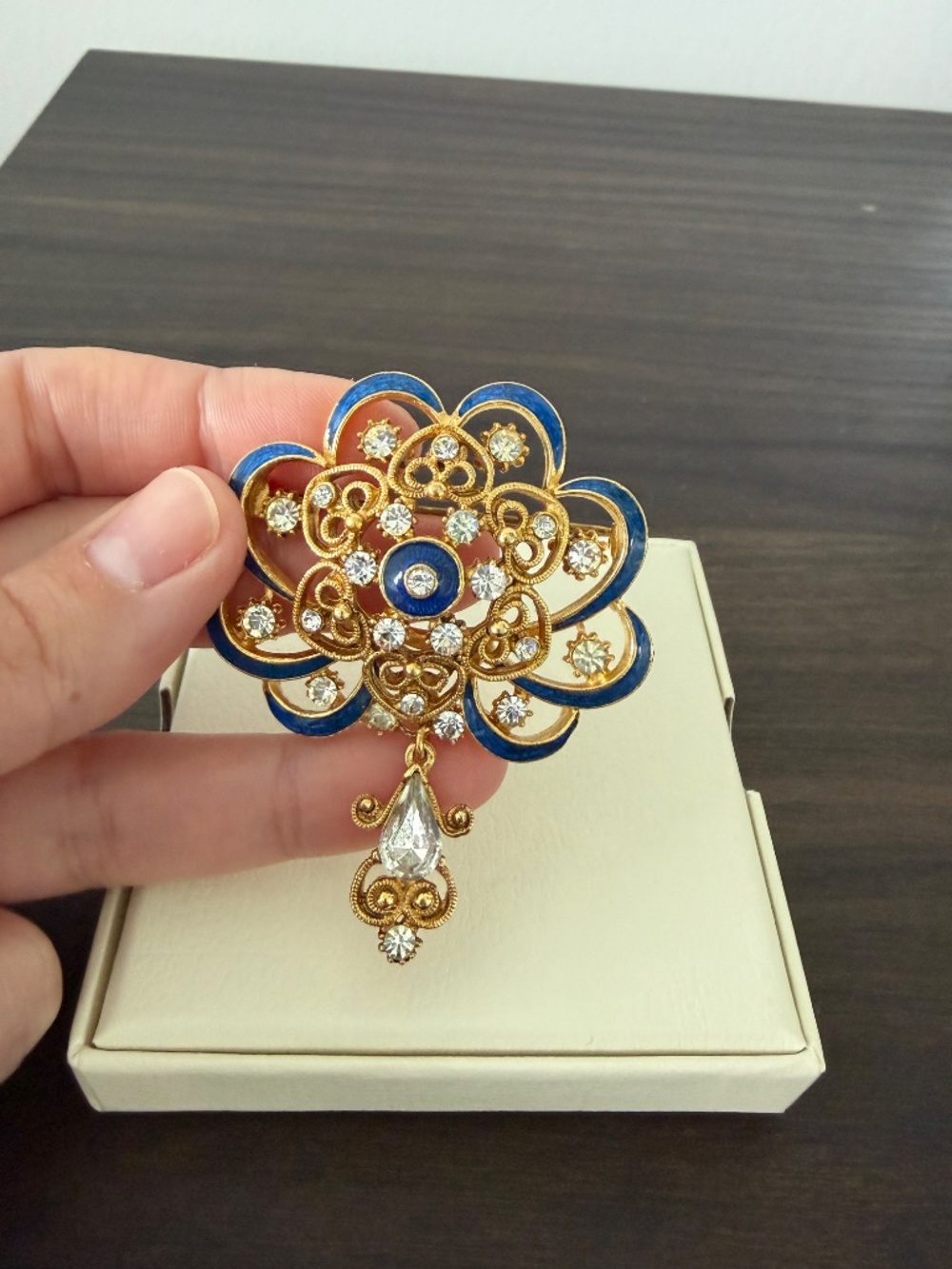Florenza Signed Vintage Blue Enamel Filigree Brooch - Picture 3 of 4